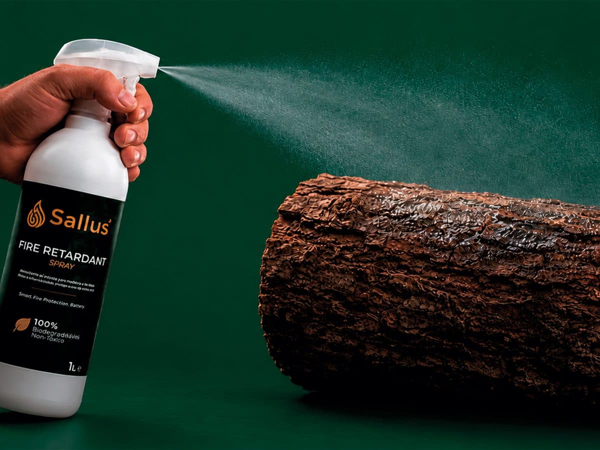 Mão a pulverizar Sallus Fire Retardant Spray sobre um tronco de madeira
