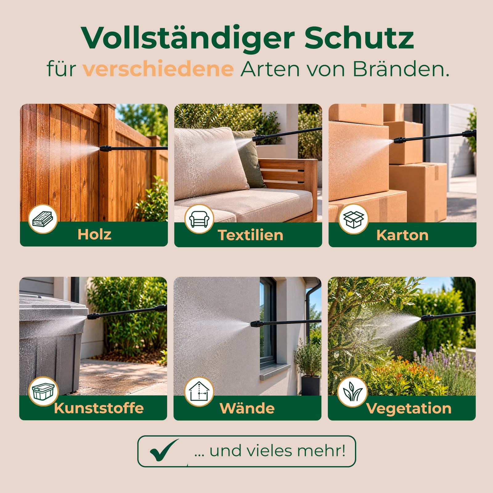 Sallus Fire Retardant Sprayer angewendet auf Holz, Textilien, Karton, Kunststoff, Wänden und Vegetation