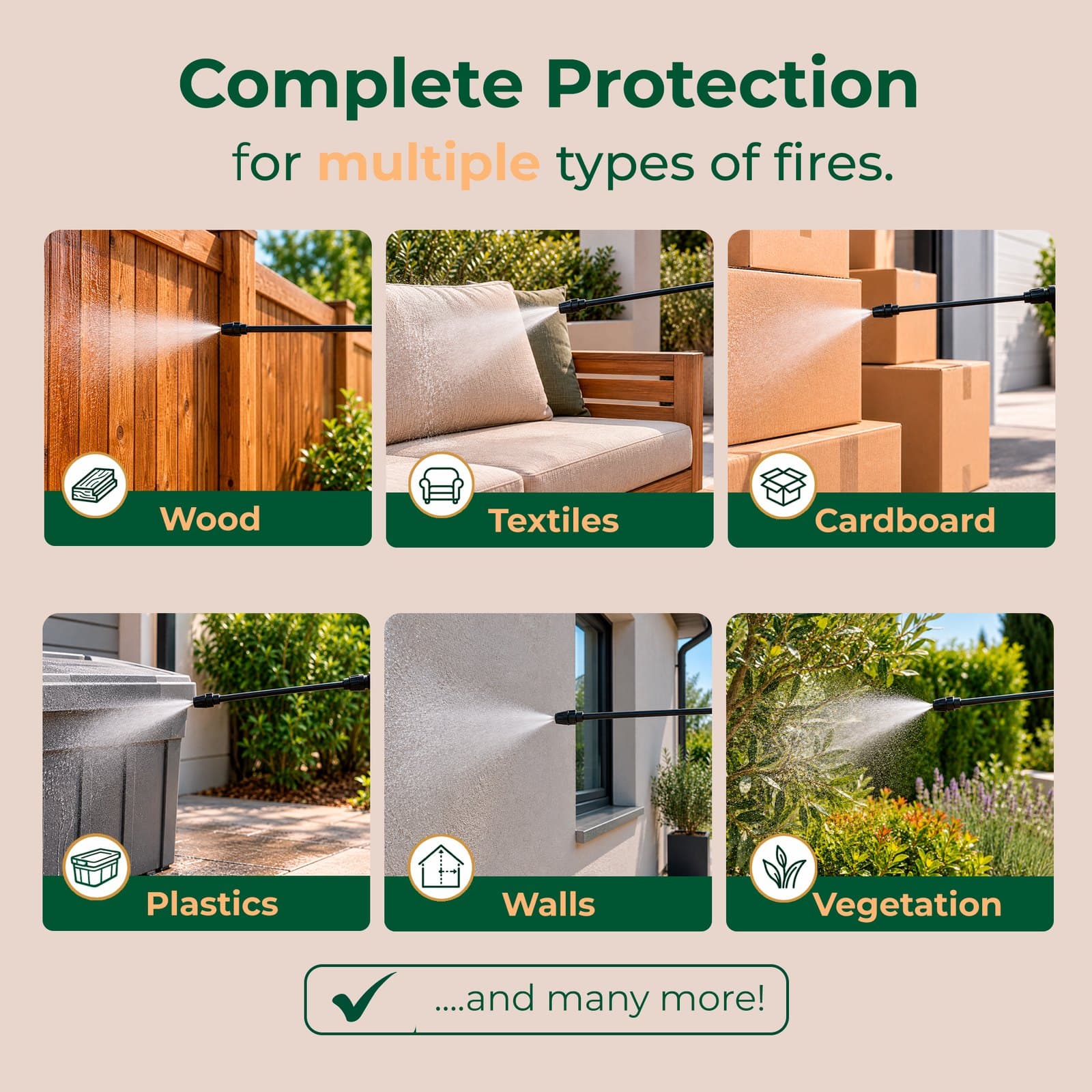 Sallus Fire Retardant Sprayer applied to wood, textiles, cardboard, plastics, walls and vegetation