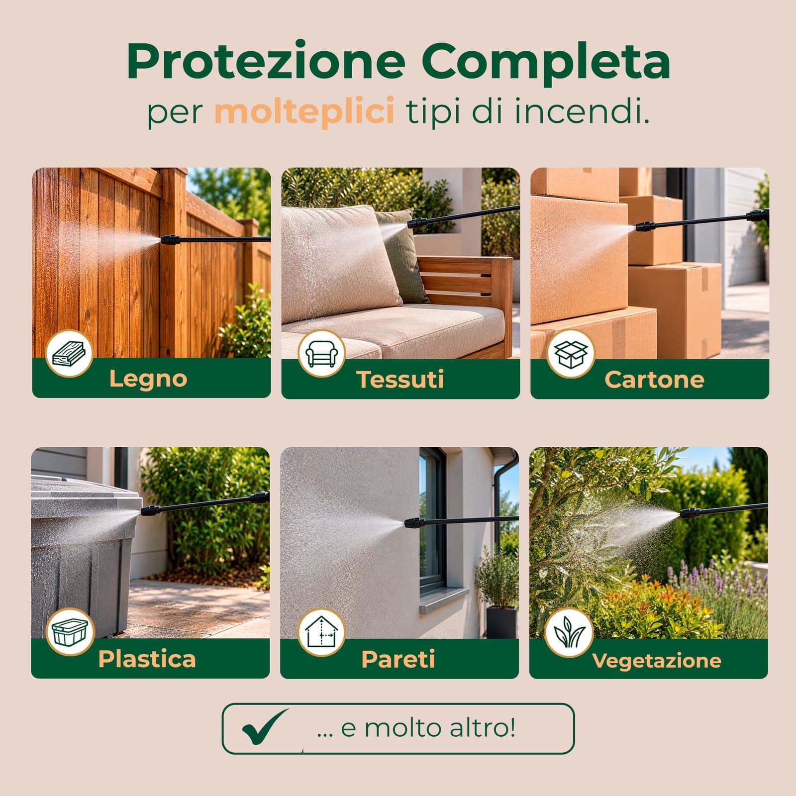 Sallus Fire Retardant Sprayer applicato su legno, tessuti, cartone, plastica, pareti e vegetazione
